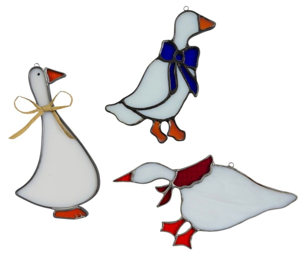 Vtg Stained Glass Goose Suncatchers Set of 3 Cottagecore Kitchen Window Decor
